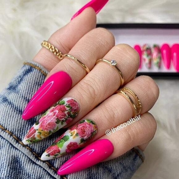 Hot Pink Flower Custom Press On Nails | High Quality Nails | Handmade - Picture 1 of 11